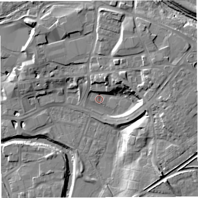 Shaded relief map of the ground around CW95JF, computed from Environment Agency LiDAR. The ground here sits at about 14 m above sea level and falls 16 m across the surrounding 800 m. Surface water reaching this point runs off ground lying to the east-north-east, 12.0 m higher.