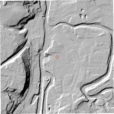 Shaded relief map of the ground around CW95JJ, computed from Environment Agency LiDAR. The ground here sits at about 13 m above sea level and falls 28 m across the surrounding 800 m. Surface water reaching this point runs off ground lying to the south, 2.0 m higher.