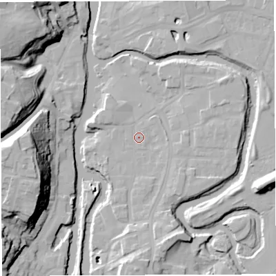 Shaded relief map of the ground around CW95JL, computed from Environment Agency LiDAR. The ground here sits at about 13 m above sea level and falls 28 m across the surrounding 800 m. Surface water reaching this point runs off ground lying to the south, 7.9 m higher.