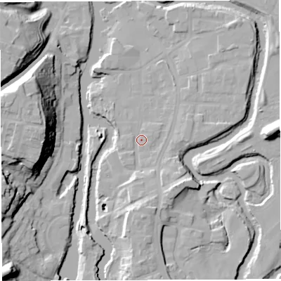 Shaded relief map of the ground around CW95JN, computed from Environment Agency LiDAR. The ground here sits at about 14 m above sea level and falls 28 m across the surrounding 800 m. Surface water reaching this point runs off ground lying to the south, 7.2 m higher.