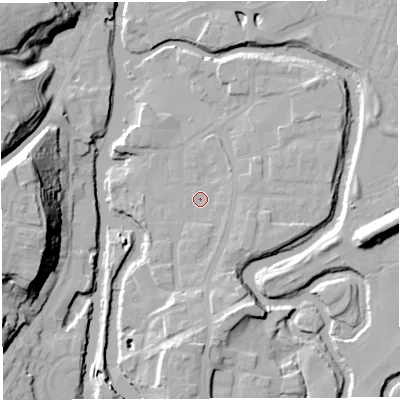 Shaded relief map of the ground around CW95JP, computed from Environment Agency LiDAR. The ground here sits at about 13 m above sea level and falls 27 m across the surrounding 800 m. Surface water reaching this point runs off ground lying to the south, 1.8 m higher.