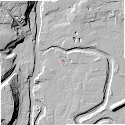 Shaded relief map of the ground around CW95JQ, computed from Environment Agency LiDAR. The ground here sits at about 13 m above sea level and falls 30 m across the surrounding 800 m. Surface water reaching this point runs off ground lying to the south, 4.6 m higher.