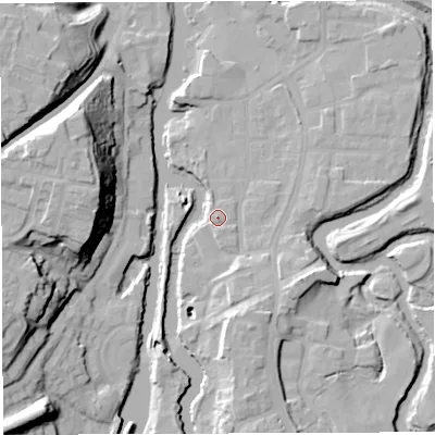Shaded relief map of the ground around CW95JR, computed from Environment Agency LiDAR. The ground here sits at about 14 m above sea level and falls 28 m across the surrounding 800 m. Surface water reaching this point runs off ground lying to the south-south-east, 5.7 m higher.
