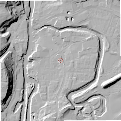 Shaded relief map of the ground around CW95JS, computed from Environment Agency LiDAR. The ground here sits at about 13 m above sea level and falls 27 m across the surrounding 800 m. Surface water reaching this point runs off ground lying to the south, 8.2 m higher.