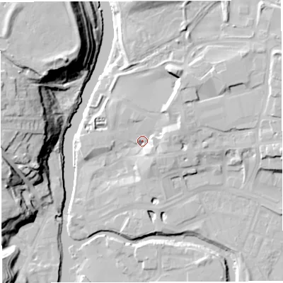 Shaded relief map of the ground around CW95LA, computed from Environment Agency LiDAR. The ground here sits at about 14 m above sea level and falls 31 m across the surrounding 800 m. Surface water reaching this point runs off ground lying to the north-east, 8.4 m higher.
