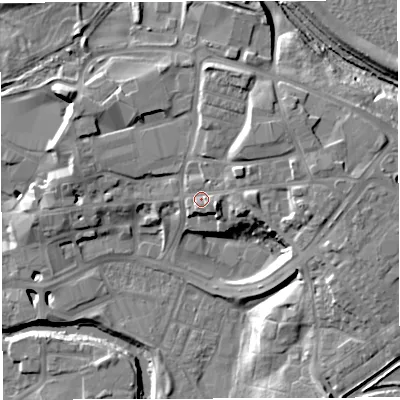 Shaded relief map of the ground around CW95NP, computed from Environment Agency LiDAR. The ground here sits at about 20 m above sea level and falls 15 m across the surrounding 800 m. Surface water reaching this point runs off ground lying to the east, 6.2 m higher.