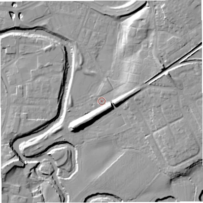 Shaded relief map of the ground around CW95QA, computed from Environment Agency LiDAR. The ground here sits at about 14 m above sea level and falls 16 m across the surrounding 800 m. Surface water reaching this point runs off ground lying to the south, 8.4 m higher.