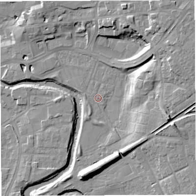 Shaded relief map of the ground around CW95QB, computed from Environment Agency LiDAR. The ground here sits at about 14 m above sea level and falls 16 m across the surrounding 800 m. Surface water reaching this point runs off ground lying to the east-south-east, 12.6 m higher.