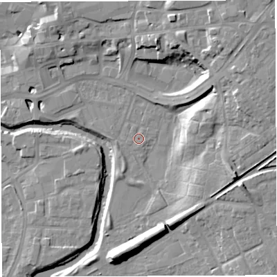 Shaded relief map of the ground around CW95QE, computed from Environment Agency LiDAR. The ground here sits at about 13 m above sea level and falls 16 m across the surrounding 800 m. Surface water reaching this point runs off ground lying to the east-south-east, 12.6 m higher.
