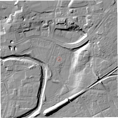 Shaded relief map of the ground around CW95QF, computed from Environment Agency LiDAR. The ground here sits at about 14 m above sea level and falls 16 m across the surrounding 800 m. Surface water reaching this point runs off ground lying to the east-south-east, 12.6 m higher.