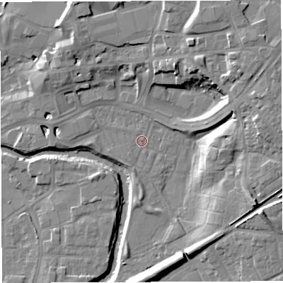 Shaded relief map of the ground around CW95QG, computed from Environment Agency LiDAR. The ground here sits at about 13 m above sea level and falls 16 m across the surrounding 800 m. Surface water reaching this point runs off ground lying to the east-south-east, 12.6 m higher.