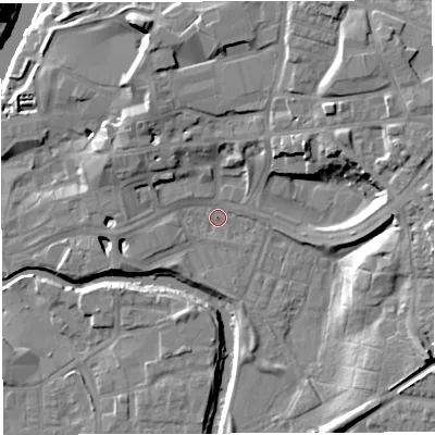 Shaded relief map of the ground around CW95QJ, computed from Environment Agency LiDAR. The ground here sits at about 13 m above sea level and falls 18 m across the surrounding 800 m. Surface water reaching this point runs off ground lying to the west-south-west, 3.6 m higher.