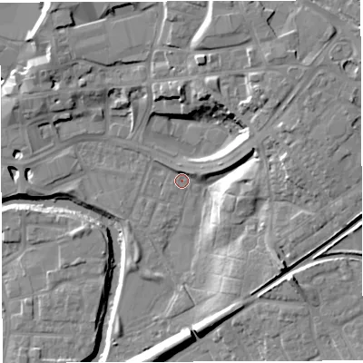 Shaded relief map of the ground around CW95QQ, computed from Environment Agency LiDAR. The ground here sits at about 13 m above sea level and falls 16 m across the surrounding 800 m. Surface water reaching this point runs off ground lying to the south-east, 12.6 m higher.