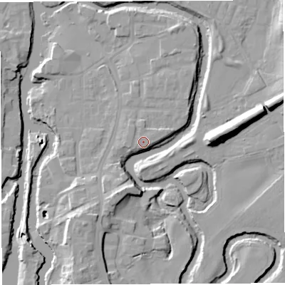 Shaded relief map of the ground around CW95UR, computed from Environment Agency LiDAR. The ground here sits at about 15 m above sea level and falls 15 m across the surrounding 800 m. Surface water reaching this point runs off ground lying to the west-south-west, 0.9 m higher.
