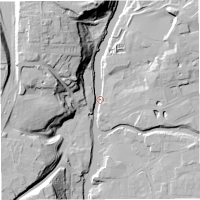 Shaded relief map of the ground around CW95XP, computed from Environment Agency LiDAR. The ground here sits at about 8 m above sea level and falls 33 m across the surrounding 800 m. Surface water reaching this point runs off ground lying to the north-west, 32.6 m higher.