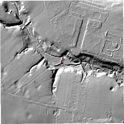Shaded relief map of the ground around CW96AR, computed from Environment Agency LiDAR. The ground here sits at about 18 m above sea level and falls 30 m across the surrounding 800 m. Surface water reaching this point runs off ground lying to the south-west, 27.8 m higher.