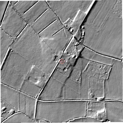 Shaded relief map of the ground around CW96JS, computed from Environment Agency LiDAR. The ground here sits at about 61 m above sea level and falls 9 m across the surrounding 800 m. Surface water reaching this point runs off ground lying to the west-south-west, 0.8 m higher.