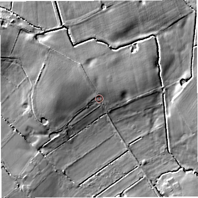 Shaded relief map of the ground around CW96JU, computed from Environment Agency LiDAR. The ground here sits at about 60 m above sea level and falls 7 m across the surrounding 800 m. Surface water reaching this point runs off ground lying to the north-west, 2.6 m higher.