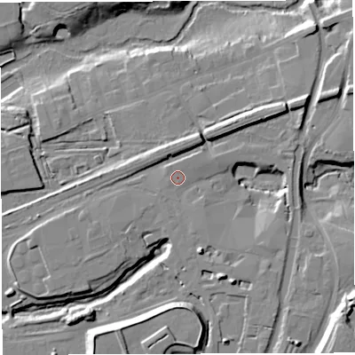 Shaded relief map of the ground around CW97FA, computed from Environment Agency LiDAR. The ground here sits at about 25 m above sea level and falls 20 m across the surrounding 800 m. Surface water reaching this point runs off ground lying to the south-east, 7.7 m higher.