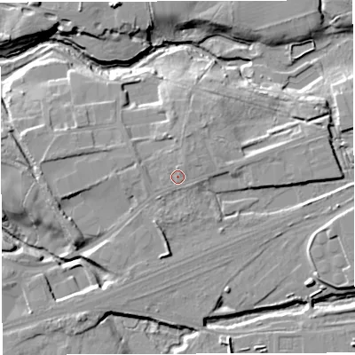 Shaded relief map of the ground around CW97LS, computed from Environment Agency LiDAR. The ground here sits at about 24 m above sea level and falls 15 m across the surrounding 800 m. Surface water reaching this point runs off ground lying to the north-north-east, 2.2 m higher.