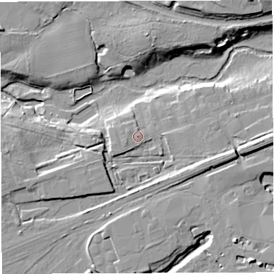 Shaded relief map of the ground around CW97NB, computed from Environment Agency LiDAR. The ground here sits at about 23 m above sea level and falls 21 m across the surrounding 800 m. Surface water reaching this point runs off ground lying to the west-south-west, 2.5 m higher.