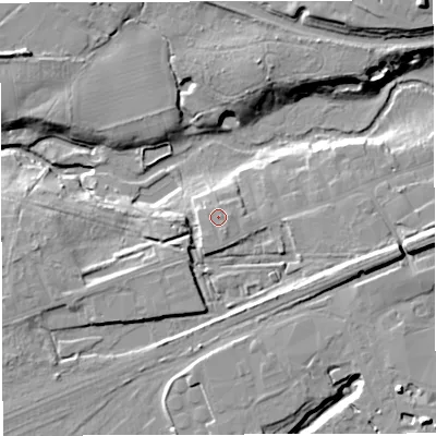 Shaded relief map of the ground around CW97ND, computed from Environment Agency LiDAR. The ground here sits at about 24 m above sea level and falls 23 m across the surrounding 800 m. Surface water reaching this point runs off ground lying to the south-south-west, 1.3 m higher.