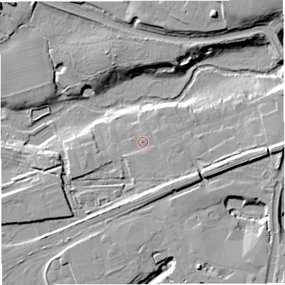 Shaded relief map of the ground around CW97NE, computed from Environment Agency LiDAR. The ground here sits at about 23 m above sea level and falls 20 m across the surrounding 800 m. Surface water reaching this point runs off ground lying to the east-south-east, 1.9 m higher.