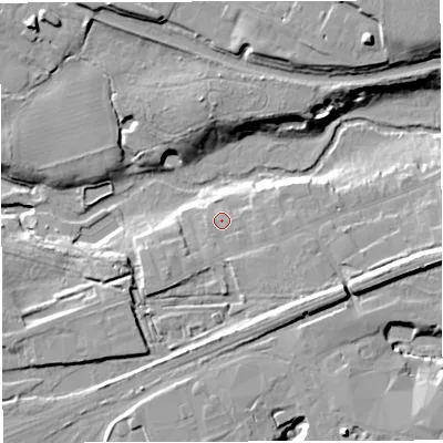 Shaded relief map of the ground around CW97NG, computed from Environment Agency LiDAR. The ground here sits at about 22 m above sea level and falls 23 m across the surrounding 800 m. Surface water reaching this point runs off ground lying to the east-south-east, 6.9 m higher.