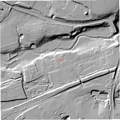 Shaded relief map of the ground around CW97NH, computed from Environment Agency LiDAR. The ground here sits at about 23 m above sea level and falls 19 m across the surrounding 800 m. Surface water reaching this point runs off ground lying to the east-south-east, 10.9 m higher.