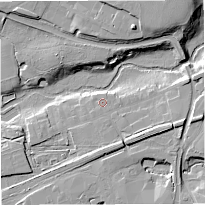 Shaded relief map of the ground around CW97NJ, computed from Environment Agency LiDAR. The ground here sits at about 23 m above sea level and falls 19 m across the surrounding 800 m. Surface water reaching this point runs off ground lying to the east-south-east, 10.9 m higher.