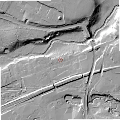 Shaded relief map of the ground around CW97NL, computed from Environment Agency LiDAR. The ground here sits at about 23 m above sea level and falls 19 m across the surrounding 800 m. Surface water reaching this point runs off ground lying to the east-south-east, 8.0 m higher.