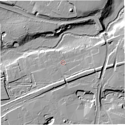 Shaded relief map of the ground around CW97NN, computed from Environment Agency LiDAR. The ground here sits at about 23 m above sea level and falls 19 m across the surrounding 800 m. Surface water reaching this point runs off ground lying to the south-east, 2.2 m higher.