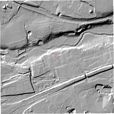 Shaded relief map of the ground around CW97NQ, computed from Environment Agency LiDAR. The ground here sits at about 22 m above sea level and falls 22 m across the surrounding 800 m. Surface water reaching this point runs off ground lying to the east-south-east, 2.3 m higher.