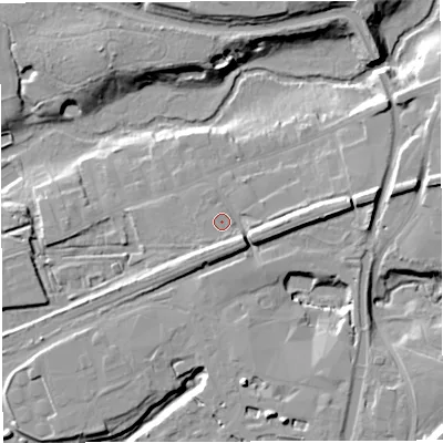 Shaded relief map of the ground around CW97NW, computed from Environment Agency LiDAR. The ground here sits at about 24 m above sea level and falls 19 m across the surrounding 800 m. Surface water reaching this point runs off ground lying to the east, 10.9 m higher.