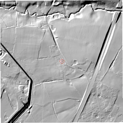 Shaded relief map of the ground around CW97SL, computed from Environment Agency LiDAR. The ground here sits at about 32 m above sea level and falls 18 m across the surrounding 800 m. Surface water reaching this point runs off ground lying to the east-south-east, 3.8 m higher.