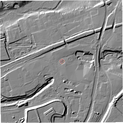 Shaded relief map of the ground around CW97ZR, computed from Environment Agency LiDAR. The ground here sits at about 25 m above sea level and falls 20 m across the surrounding 800 m. Surface water reaching this point runs off ground lying to the south-east, 7.7 m higher.