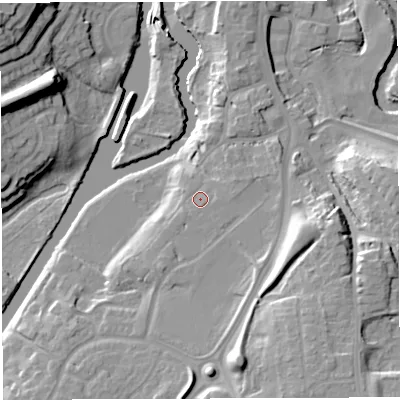 Shaded relief map of the ground around CW98AF, computed from Environment Agency LiDAR. The ground here sits at about 20 m above sea level and falls 23 m across the surrounding 800 m. Surface water reaching this point runs off ground lying to the south-south-east, 0.7 m higher.