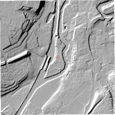 Shaded relief map of the ground around CW98AG, computed from Environment Agency LiDAR. The ground here sits at about 14 m above sea level and falls 26 m across the surrounding 800 m. Surface water reaching this point runs off ground lying to the east-south-east, 1.3 m higher.