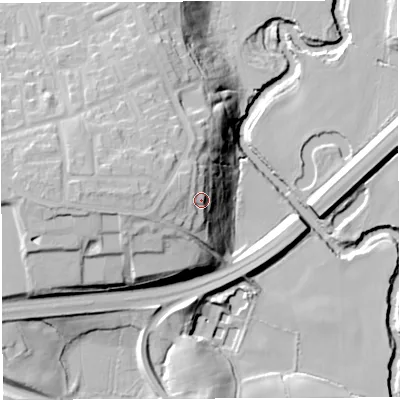 Shaded relief map of the ground around CW98DA, computed from Environment Agency LiDAR. The ground here sits at about 36 m above sea level and falls 28 m across the surrounding 800 m. Surface water reaching this point runs off ground lying to the west-north-west, 2.0 m higher.