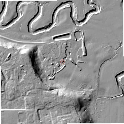 Shaded relief map of the ground around CW98GA, computed from Environment Agency LiDAR. The ground here sits at about 16 m above sea level and falls 23 m across the surrounding 800 m. Surface water reaching this point runs off ground lying to the east, 4.2 m higher.