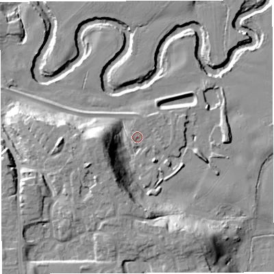 Shaded relief map of the ground around CW98GU, computed from Environment Agency LiDAR. The ground here sits at about 17 m above sea level and falls 23 m across the surrounding 800 m. Surface water reaching this point runs off ground lying to the west-south-west, 1.6 m higher.