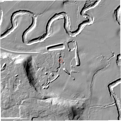 Shaded relief map of the ground around CW98GZ, computed from Environment Agency LiDAR. The ground here sits at about 15 m above sea level and falls 23 m across the surrounding 800 m. Surface water reaching this point runs off ground lying to the south-south-east, 5.5 m higher.