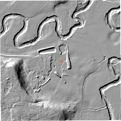 Shaded relief map of the ground around CW98HF, computed from Environment Agency LiDAR. The ground here sits at about 16 m above sea level and falls 22 m across the surrounding 800 m. Surface water reaching this point runs off ground lying to the south, 5.5 m higher.