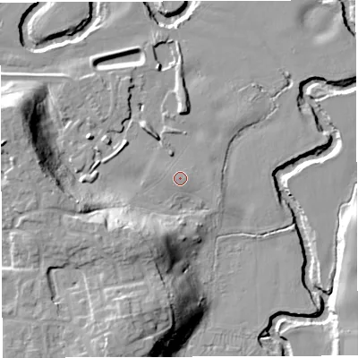 Shaded relief map of the ground around CW98LP, computed from Environment Agency LiDAR. The ground here sits at about 17 m above sea level and falls 23 m across the surrounding 800 m. Surface water reaching this point runs off ground lying to the east-south-east, 0.7 m higher.