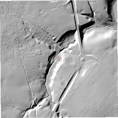 Shaded relief map of the ground around CW98LQ, computed from Environment Agency LiDAR. The ground here sits at about 25 m above sea level and falls 25 m across the surrounding 800 m. Surface water reaching this point runs off ground lying to the south-east, 21.9 m higher.