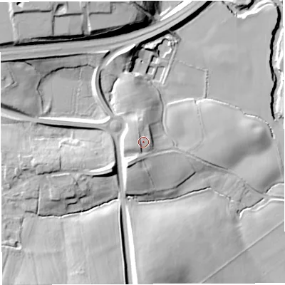Shaded relief map of the ground around CW98NG, computed from Environment Agency LiDAR. The ground here sits at about 27 m above sea level and falls 24 m across the surrounding 800 m. Surface water reaching this point runs off ground lying to the west, 1.7 m higher.