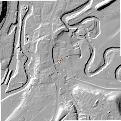 Shaded relief map of the ground around CW98SJ, computed from Environment Agency LiDAR. The ground here sits at about 15 m above sea level and falls 27 m across the surrounding 800 m. Surface water reaching this point runs off ground lying to the south, 6.3 m higher.