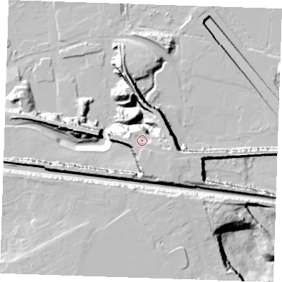 Shaded relief map of the ground around DA100LH, computed from Environment Agency LiDAR. The ground here sits at about 28 m above sea level and falls 39 m across the surrounding 800 m. Surface water reaching this point runs off ground lying to the south-east, 1.8 m higher.