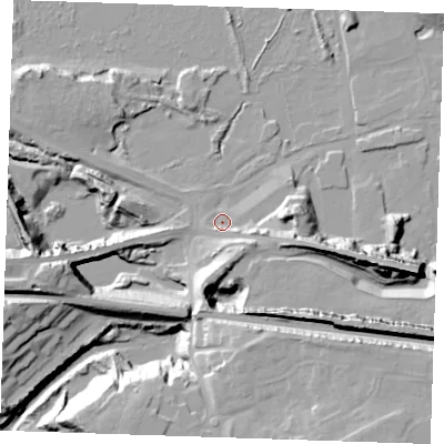 Shaded relief map of the ground around DA100LL, computed from Environment Agency LiDAR. The ground here sits at about 5 m above sea level and falls 32 m across the surrounding 800 m. Surface water reaching this point runs off ground lying to the south-east, 4.9 m higher.