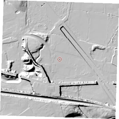 Shaded relief map of the ground around DA100PP, computed from Environment Agency LiDAR. The ground here sits at about 3 m above sea level and falls 39 m across the surrounding 800 m. Surface water reaching this point runs off ground lying to the south-south-west, 28.3 m higher.